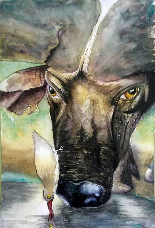 Peinture d'un "mignon" parasite sur un buffle difforme :D